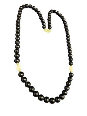IPS 14k Yellow Gold Black Onyx Akoya Pearl Necklace Gold Beads 6mm 18”